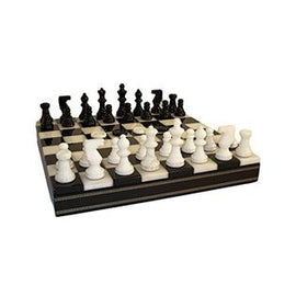 Alabaster chess set featuring elegantly carved pieces in contrasting white and black hues. The chessboard is also crafted from smooth alabaster, showcasing a classic checkered design. Ideal for both display and competitive play, it enhances any game collection or enhances décor.
