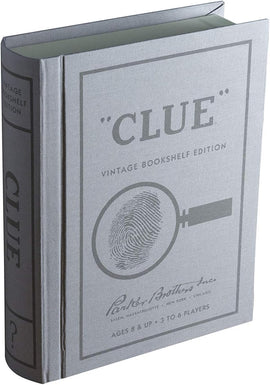 Clue Vintage Bookshelf Edition game by Winning Solutions, designed to look like a classic book. Features a gray cover with a fingerprint graphic and magnifying glass, suitable for 3 to 6 players aged 8 and up.