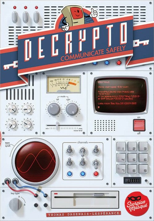 The board game Decrypto by Iello features a retro-inspired design with a series of dials, buttons, and a monitor displaying text. The game emphasizes strategic communication as players attempt to decipher codes without being intercepted by opponents.