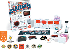 Decrypto board game by Iello, featuring a colorful box design with a retro communication device theme. Includes game components such as cards, a game board, tokens, and a timer, all aimed at enhancing strategic communication and deduction among players.