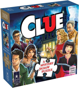 Clue Mystery Jigsaw Puzzle by University Games featuring colorful characters from the classic game. Box displays 1000 puzzle pieces with vibrant artwork showing a mysterious scene, ideal for puzzle enthusiasts.