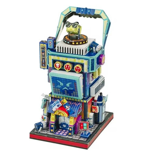 A vibrant and detailed metal model of a karaoke bar titled 'Travel the World.' The model features colorful signage, a large screen, and playful decorations, showcasing a lively atmosphere reminiscent of a bustling karaoke establishment.