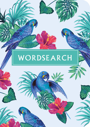 Cover of the Wordsearch puzzle by Baker & Taylor, featuring vibrant illustrations of blue parrots surrounded by tropical leaves and colorful hibiscus flowers. The title 'WORDSEARCH' is prominently displayed in a teal box.