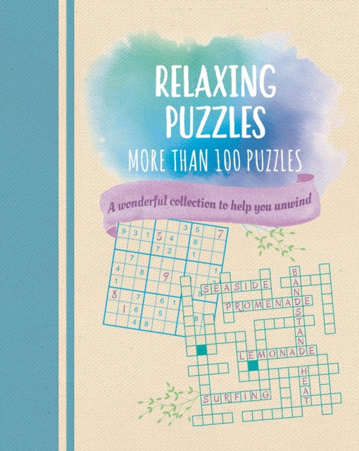 Cover of the 'Relaxing Puzzles' collection by Baker & Taylor, featuring a soothing watercolor background and a variety of puzzles, including crosswords and word searches. The text emphasizes it's a wonderful selection of over 100 puzzles designed to help users unwind and relax.