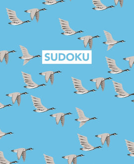 A vibrant design featuring flying geese on a light blue background with the word 'SUDOKU' prominently displayed in white. This unique Sudoku game provides an engaging and fun way to challenge your mind with a nature-inspired twist.