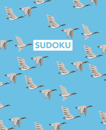 A vibrant design featuring flying geese on a light blue background with the word 'SUDOKU' prominently displayed in white. This unique Sudoku game provides an engaging and fun way to challenge your mind with a nature-inspired twist.
