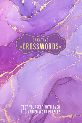 Creative Crosswords book cover featuring a vibrant purple and gold abstract design. The title, 'Creative Crosswords', is prominently displayed, along with a tagline encouraging users to test themselves with over 100 varied word puzzles.