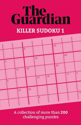Killer Sudoku book cover featuring a bright pink background with grid designs and numbers. The title reads 'Killer Sudoku 1' from The Guardian, promoting a collection of over 200 challenging puzzles.