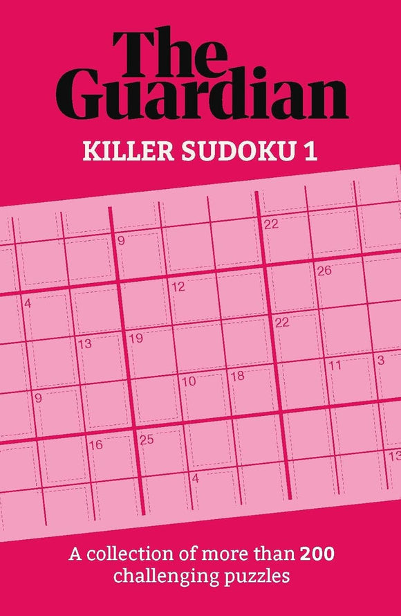 Killer Sudoku book cover featuring a bright pink background with grid designs and numbers. The title reads 'Killer Sudoku 1' from The Guardian, promoting a collection of over 200 challenging puzzles.