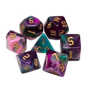 A vibrant and colorful Night Elves RPG Dice Set from Foam Brain, featuring seven polyhedral dice in shades of purple, pink, and teal with gold numbering. The set includes a D20, D12, D10, D8, D6, D4, and a percentile die, perfect for tabletop role-playing games.