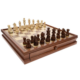 A beautifully crafted wooden chess set featuring a 3.5-inch king piece. The board has a decorative border and is arranged with all pieces in place, showcasing both light and dark wood tones. Perfect for chess enthusiasts and collectors.
