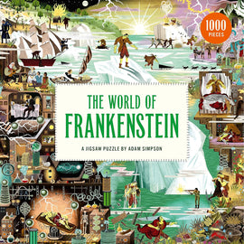 A vibrant jigsaw puzzle titled 'The World of Frankenstein' featuring intricate illustrations inspired by the classic story. The image showcases various scenes including the iconic monster, his creator, and elements of Gothic horror, all designed by Adam Simpson. The puzzle contains 1000 pieces and encourages creativity and critical thinking while celebrating the legacy of Frankenstein.