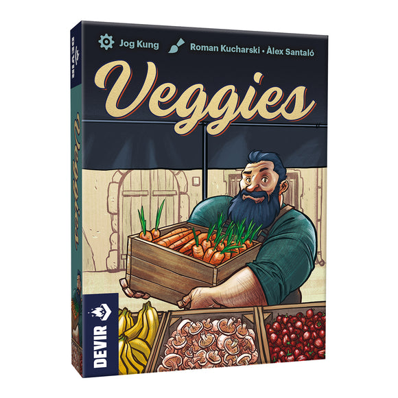 The Veggies board game by Devir Games features a vibrant packaging design. It showcases a cheerful man with a beard holding a wooden crate filled with fresh carrots, surrounded by a market scene with displays of bananas, cherries, and dried mushrooms. The game's title 'Veggies' is prominently featured in playful lettering across the top, making it visually engaging and inviting for players.