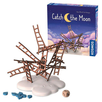 Catch the Moon game by Thames & Kosmos features a whimsical design with a cloud base and precariously stacked ladders. The packaging showcases vibrant artwork of a moonlit sky, highlighting its playful and challenging nature. Includes pieces for stacking and a dice for gameplay, perfect for family fun and enhancing hand-eye coordination.