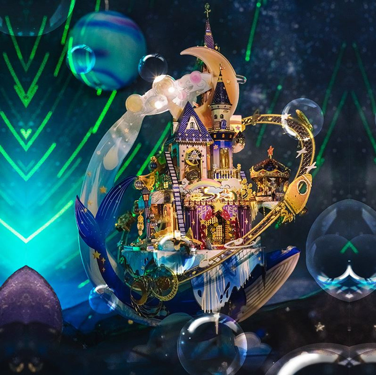 The Starlit Amusement Park is a beautifully crafted DIY kit by Mu Model. This enchanting model showcases intricate details of a whimsical amusement park featuring a colorful castle, a shimmering moon, and a playful sea theme, all surrounded by vibrant bubbles and a cosmic background, perfect for enthusiasts of construction and arts.