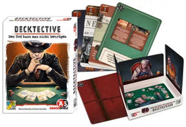 Decktective: You Can't Cheat Death is an engaging card game from DV GIOCHI. The box features a stylish design with a mysterious character surrounded by playing cards, indicating a mix of strategy and deduction. Inside, various cards and game components are displayed, including a game board that enhances the immersive experience.