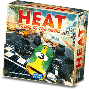 The game box for 'Heat: Pedal to the Metal' by Days of Wonder features dynamic racing imagery. A colorful race car speeds towards the finish line, capturing the thrill of competitive racing. The bold title is prominently displayed at the top.