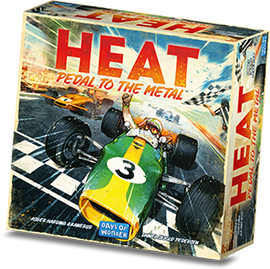 The game box for 'Heat: Pedal to the Metal' by Days of Wonder features dynamic racing imagery. A colorful race car speeds towards the finish line, capturing the thrill of competitive racing. The bold title is prominently displayed at the top.