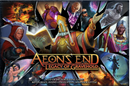Aeon's End: Legacy of Gravehold board game cover featuring diverse characters and vibrant artwork. A cooperative deck-building game highlighting a wizard in a ceremonial robe holding a book, surrounded by various heroes and mystical beings. The cover emphasizes strategic gameplay and collaborative adventures.