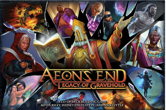 Aeon's End: Legacy of Gravehold board game cover featuring diverse characters and vibrant artwork. A cooperative deck-building game highlighting a wizard in a ceremonial robe holding a book, surrounded by various heroes and mystical beings. The cover emphasizes strategic gameplay and collaborative adventures.