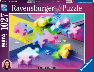 Karen Puzzles Gradient Cascade META Puzzle by Ravensburger featuring colorful, translucent puzzle pieces in shades of pink, yellow, and blue scattered over a vibrant gradient background, showcasing the unique design and quality craftsmanship.