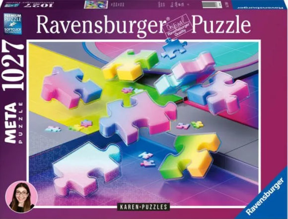 Karen Puzzles Gradient Cascade META Puzzle by Ravensburger featuring colorful, translucent puzzle pieces in shades of pink, yellow, and blue scattered over a vibrant gradient background, showcasing the unique design and quality craftsmanship.