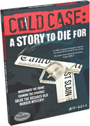 Box packaging for the game 'Cold Case: A Story to Die For' by ThinkFun. The design features a mysterious crime scene theme with newspaper clippings about a young investigative reporter's murder from 1988. Prominent text urges players to investigate the crime, examine evidence, and solve the decades-old mystery, catering to 1-4 players aged 14 and up.