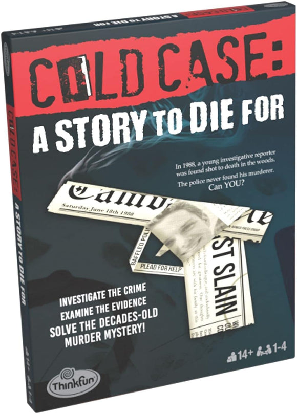 Box packaging for the game 'Cold Case: A Story to Die For' by ThinkFun. The design features a mysterious crime scene theme with newspaper clippings about a young investigative reporter's murder from 1988. Prominent text urges players to investigate the crime, examine evidence, and solve the decades-old mystery, catering to 1-4 players aged 14 and up.