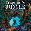 The game 'Forbidden Jungle: Survive The Wild' by Gamewright features a vibrant jungle scene with lush greenery, colorful flowers, and mysterious ruins. The title is prominently displayed at the top, inviting players into an adventurous experience of survival in a wild setting suitable for 2 to 5 players aged 10 and above. The artwork depicts an ominous shadow, hinting at the challenges within the game.