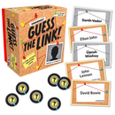 Gamewright's Guess the Link! board game box with a corkboard design featuring a silhouette and connected photos of famous personalities like Darth Vader, Elton John, Oprah Winfrey, John Lennon, and David Bowie. Includes question mark tokens and cards for a star-studded deduction experience, suitable for 2-8 players aged 10 and up.