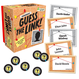 Gamewright's Guess the Link! board game box with a corkboard design featuring a silhouette and connected photos of famous personalities like Darth Vader, Elton John, Oprah Winfrey, John Lennon, and David Bowie. Includes question mark tokens and cards for a star-studded deduction experience, suitable for 2-8 players aged 10 and up.