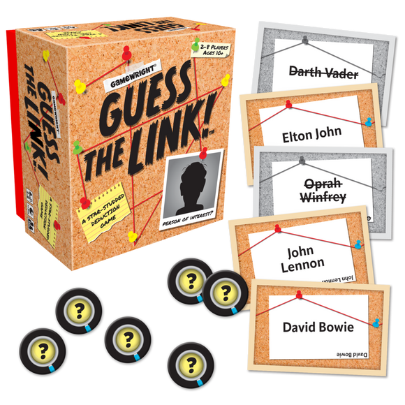 Gamewright's Guess the Link! board game box with a corkboard design featuring a silhouette and connected photos of famous personalities like Darth Vader, Elton John, Oprah Winfrey, John Lennon, and David Bowie. Includes question mark tokens and cards for a star-studded deduction experience, suitable for 2-8 players aged 10 and up.