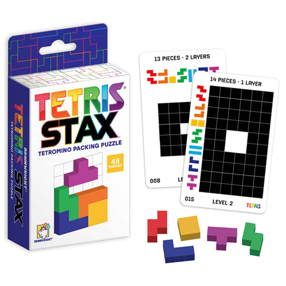 Tetris Stax by Brainwright is a colorful mechanical puzzle game featuring a packaging box with Tetris-inspired designs. The image displays two puzzle cards showing different levels of challenges and several colorful Tetrimino pieces in red, green, blue, and purple. Perfect for puzzle enthusiasts looking for engaging and strategic gameplay.
