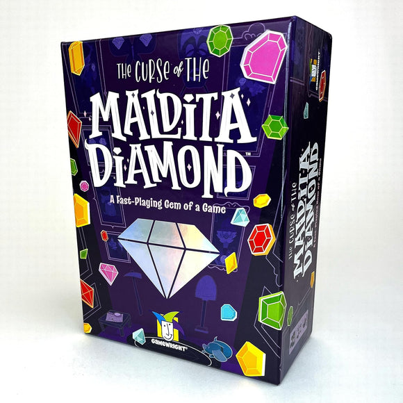 The Curse of the Maldita Diamond is a box for a fast-paced board game by Gamewright. The design includes colorful gem illustrations against a dark purple background, with the title prominently displayed at the top and an artistic diamond graphic at the center. The box conveys a sense of adventure and excitement, perfect for game night with friends or family.