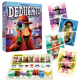 Deduckto is a fun and quirky deduction game from Gamewright, featuring a colorful box cover with a duck detective and a variety of animal characters. The game includes suspect and disguise cards featuring vibrant illustrations of animals in funny costumes, alongside a board highlighting locations like a park and aquarium, targeting 2-4 players aged 8 and up.