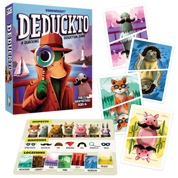 Deduckto is a fun and quirky deduction game from Gamewright, featuring a colorful box cover with a duck detective and a variety of animal characters. The game includes suspect and disguise cards featuring vibrant illustrations of animals in funny costumes, alongside a board highlighting locations like a park and aquarium, targeting 2-4 players aged 8 and up.