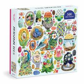 Artisanal Eggs jigsaw puzzle by Galison featuring 500 intricately designed pieces. The colorful box showcases various Easter eggs, floral patterns, and playful animals, making it an engaging activity for puzzle enthusiasts and families alike.