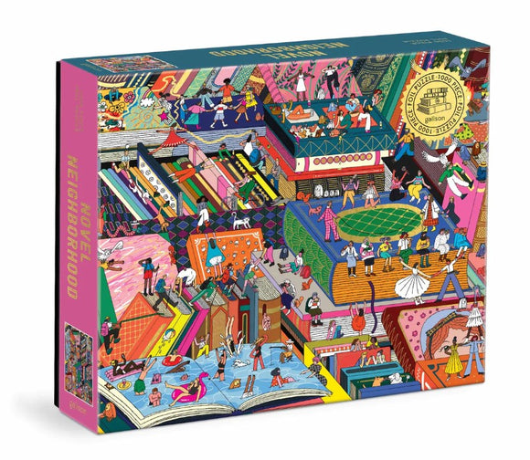 The Novel Neighborhood jigsaw puzzle by Galison includes a vibrant and detailed illustration featuring various colorful scenes of people interacting and engaging in activities within a neighborhood setting. The puzzle box showcases playful artwork that invites creativity and exploration among puzzle enthusiasts. Perfect for family game night or solo relaxation.