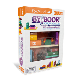 The 'By the Book' mechanical puzzle by FoxMind, featuring a colorful stacking design that resembles books. The box showcases vibrant pieces including a cat and flowers, inviting kids aged 8 and up to engage in a fun stacking challenge. Ideal for developing fine motor skills and creativity while enjoying a unique puzzle experience.