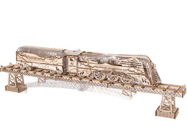 The Thunderstorm DIY kit from Veter Models features a detailed wooden model of a vintage train. The model is intricately designed with visible mechanical parts and is displayed on a bridge. This kit provides a fun and engaging building experience for model enthusiasts.