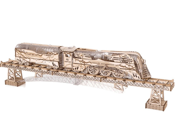 The Thunderstorm DIY kit from Veter Models features a detailed wooden model of a vintage train. The model is intricately designed with visible mechanical parts and is displayed on a bridge. This kit provides a fun and engaging building experience for model enthusiasts.