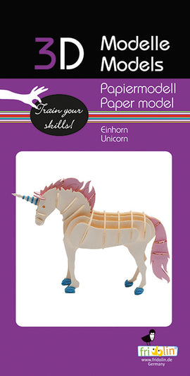 A colorful 3D paper model of a unicorn. The unicorn has a pink mane, a spiral blue horn, and a beige body made of layered paper. This DIY kit provides an engaging crafting experience, perfect for enhancing creativity and fine motor skills. The packaging features a vibrant purple background with playful graphics and text about training your skills.