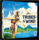 The board game 'Tribes of the Wind' by LA Boite de Jeu, featuring vibrant artwork of a whimsical landscape with characters building wind turbines and flying with colorful birds, set against mountains and lush greenery. The game's title is prominently displayed on the box in bold letters.