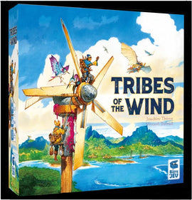 The board game 'Tribes of the Wind' by LA Boite de Jeu, featuring vibrant artwork of a whimsical landscape with characters building wind turbines and flying with colorful birds, set against mountains and lush greenery. The game's title is prominently displayed on the box in bold letters.