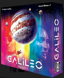 The box of the 'Galileo Project' game features vibrant, colorful artwork depicting a cosmic scene with planets, a space explorer, and two humanoid figures, one wearing sunglasses. The title 'GALILEO PROJECT' is prominently displayed on the front, along with the creators' names.