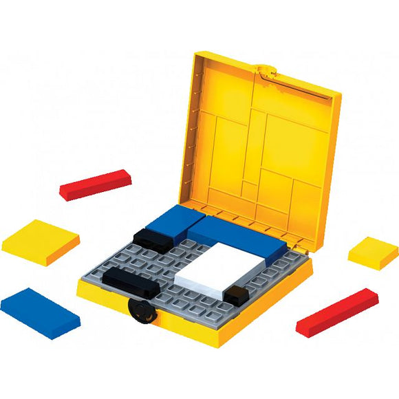 The Mondrian Blocks - Yellow Edition by Eureka Belgium features a vibrant, yellow mechanical puzzle set. The puzzle pieces are arranged around an open case, showcasing various colored blocks including blue, red, yellow, and black. The base is designed for assembling the blocks, encouraging spatial reasoning and creativity.