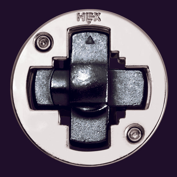 The Cast Hex is a mechanical puzzle featuring a circular design with a metallic finish. It has a center puzzle piece that rotates and interlocks with surrounding parts, designed to challenge the mind. Ideal for puzzle enthusiasts and a stylish addition to any collection.