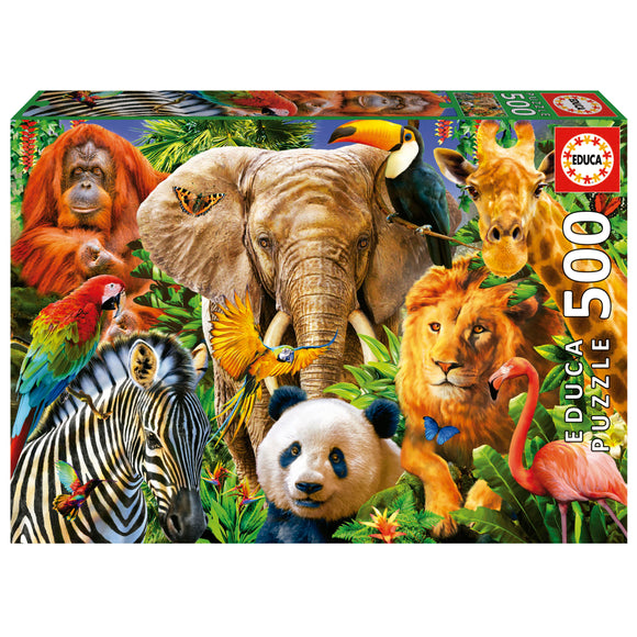 A colorful jigsaw puzzle featuring a collage of wild animals, including an elephant, lion, panda, zebra, toucan, and various tropical birds, surrounded by lush greenery. The puzzle has 500 pieces and is designed for animal lovers and puzzle enthusiasts.