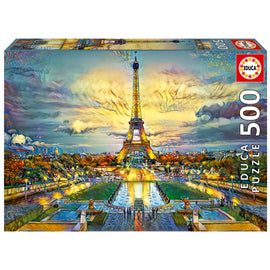Educa jigsaw puzzle featuring a vibrant, artistic depiction of the Eiffel Tower surrounded by lush gardens and illuminated by decorative lights, perfect for puzzle enthusiasts of all ages.