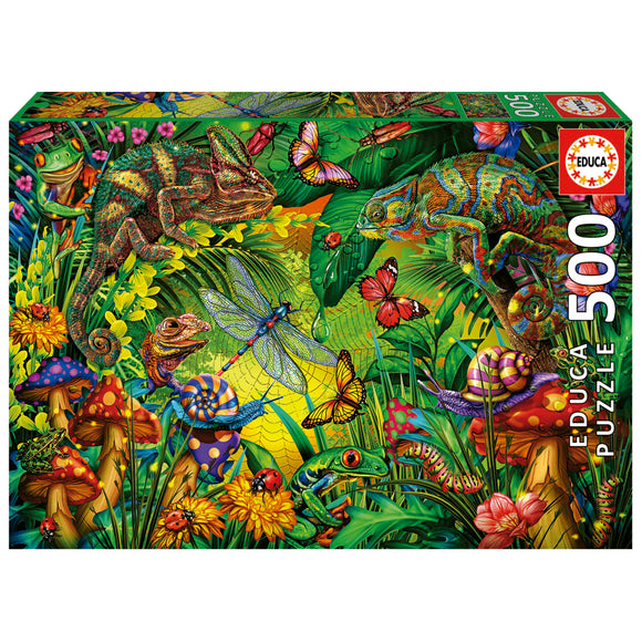 Colorful Forest jigsaw puzzle by Educa featuring a vibrant jungle scene filled with various animals like chameleons, frogs, and butterflies, set against brightly colored mushrooms and flowers. The puzzle consists of 500 pieces and showcases a rich array of colors and details, perfect for nature lovers and puzzle enthusiasts.